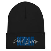 God Loves Detroit Beanie Winter Hat - Blue Text